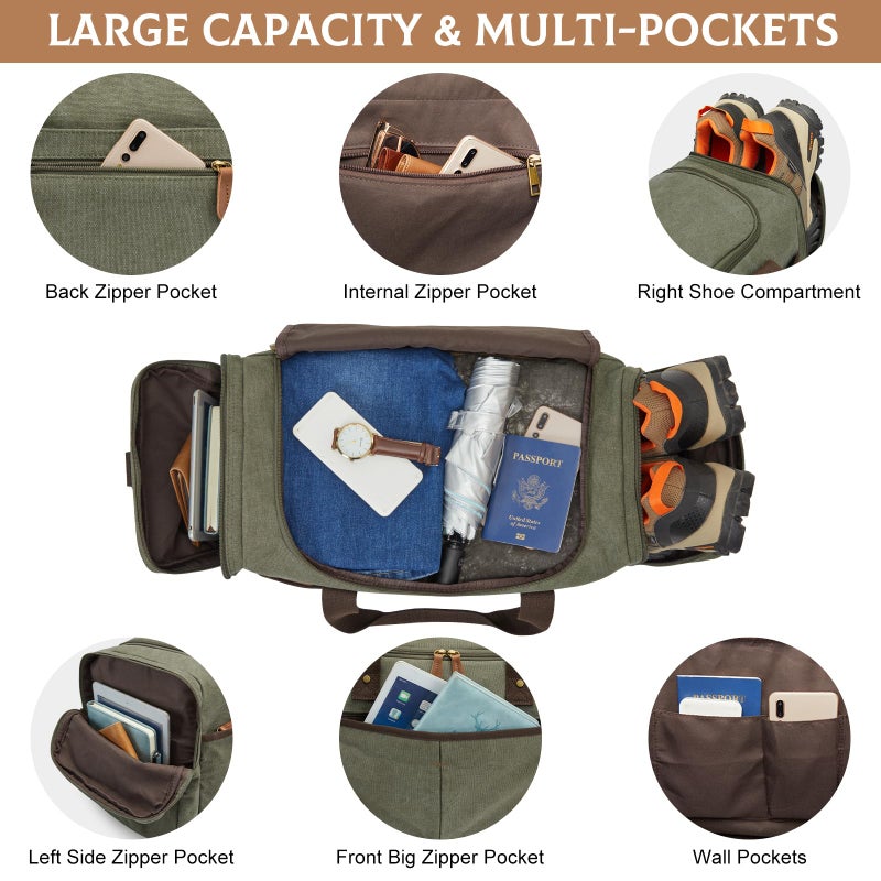 S-ZONE Canvas Duffel Bag for Travel 45L Weekender Overnight Bags with Shoes Compartment for Men - Image 3